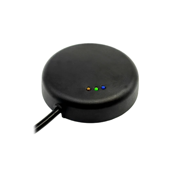 Collection of A black circular electronic device with a power cable extending from the side and three small indicator LEDs in a gallery layout