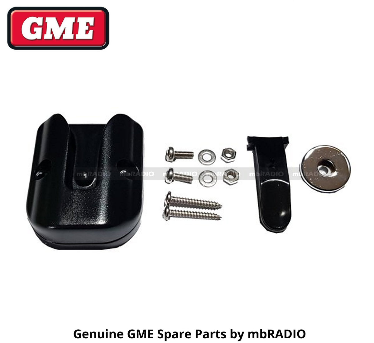 Collection of GME MB205 microphone mounting bracket, black, with bollard and mounting hardware in a gallery layout