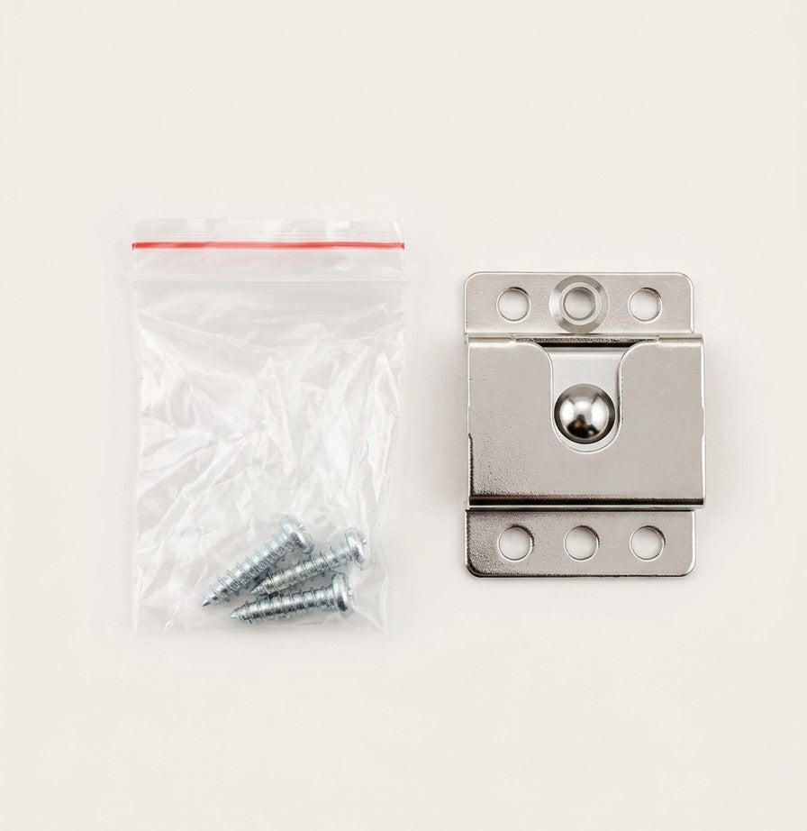 Collection of A stainless steel latch or bracket hardware piece shown next to a small clear plastic bag containing three silver screws in a gallery layout