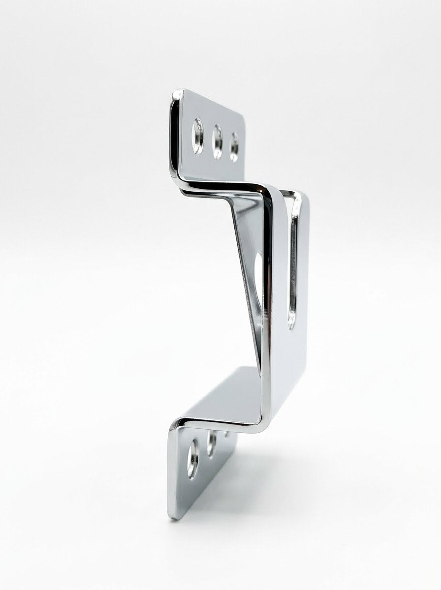 Collection of A polished chrome metal bracket with mounting holes, shown standing upright on a seamless white background. in a gallery layout