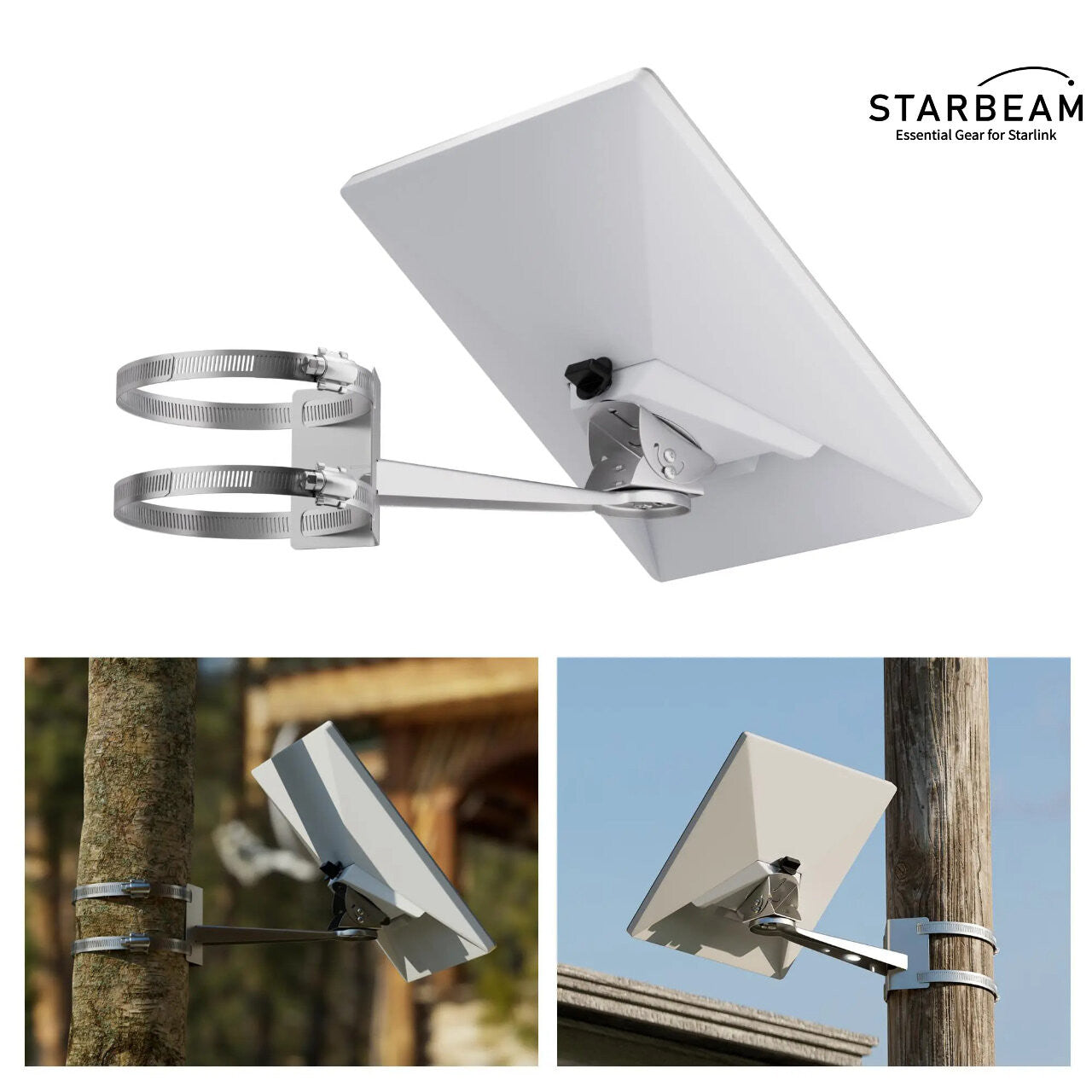 Collection of STARBEAM Starlink Mini Light Pole Mount with stainless steel clamps and 360 degree adjustable arm in a gallery layout