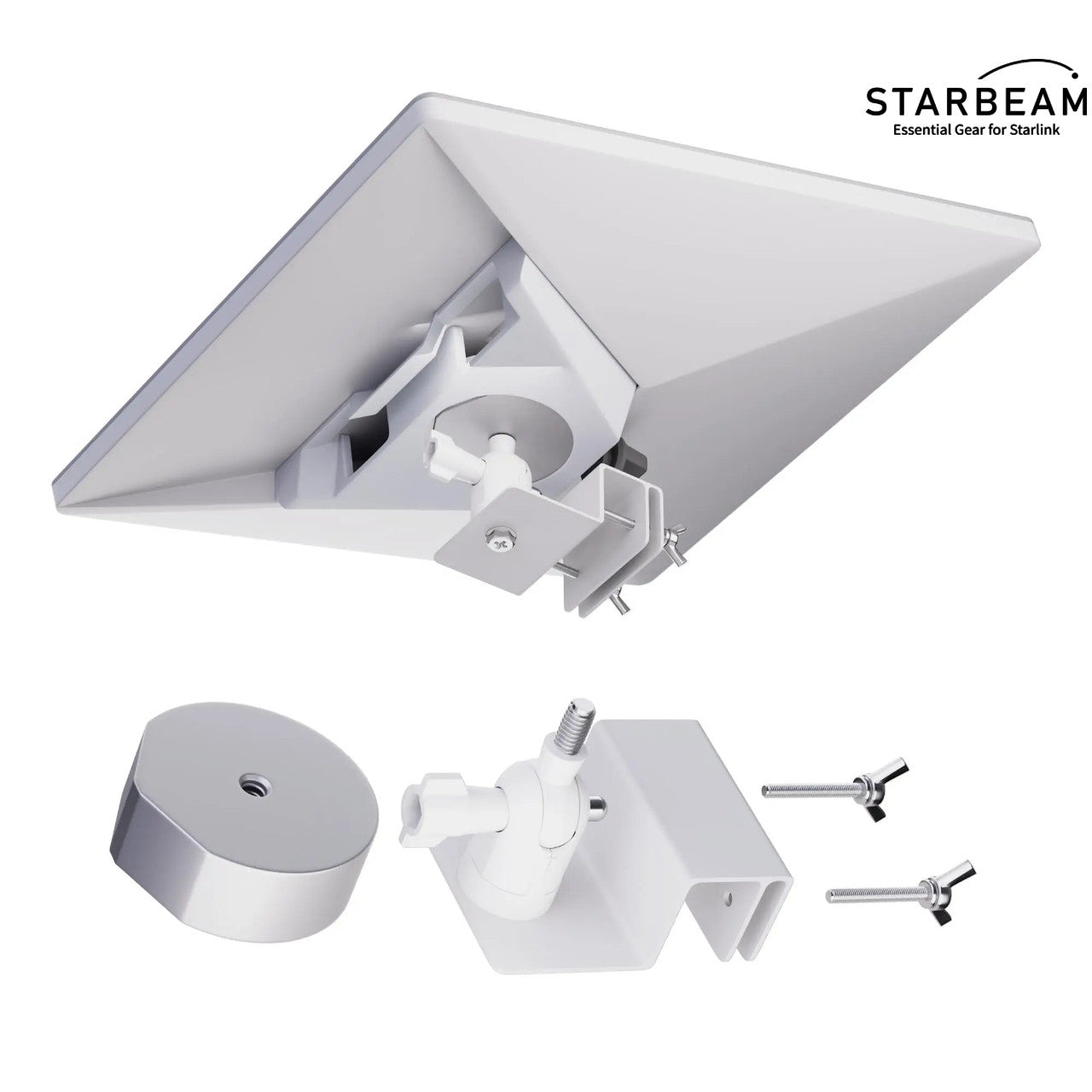 Collection of STARBEAM Starlink Mini Roof Gutter Mount with tripod adapter clamped to gutter in a gallery layout