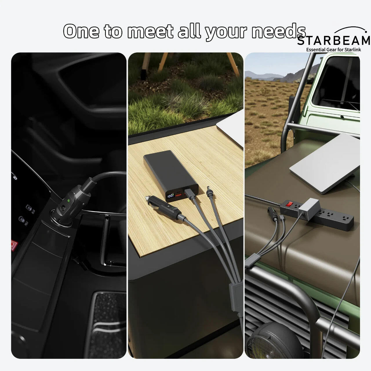 Collection of STARBEAM Starlink Mini 3-in-1 Power Cord, cigarette lighter and USB-C connectors in a gallery layout