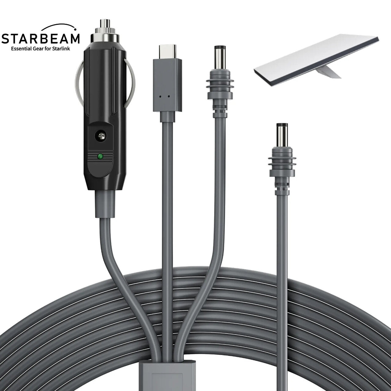 Collection of STARBEAM Starlink Mini 3-in-1 Power Cord with USB-C, cigarette lighter, and DC connectors in a gallery layout