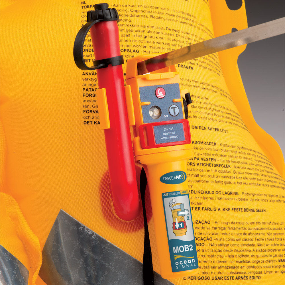 Collection of Ocean Signal RescueME MOB2 fitted beside the oral inflation tube of an inflatable lifejacket in a gallery layout