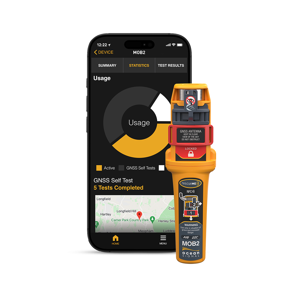 Collection of Ocean Signal RescueME MOB2 beside the Ocean Signal mobile app showing battery and test data in a gallery layout