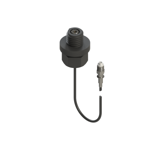 Collection of A dark gray threaded industrial sensor adapter with a short black wire and a small silver probe tip in a gallery layout