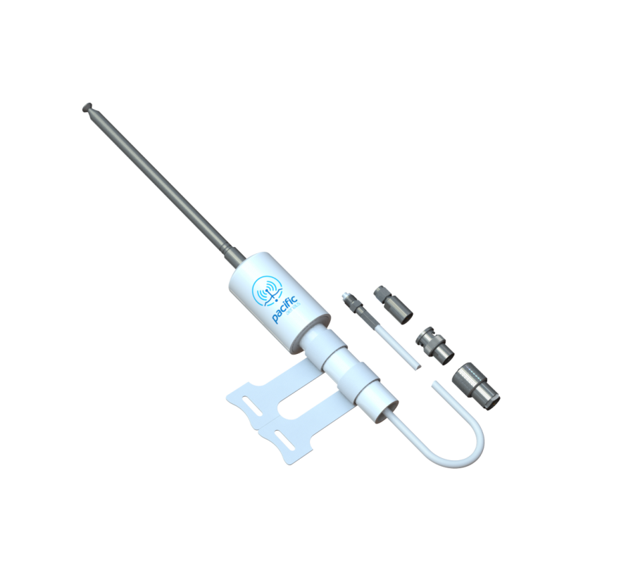 Collection of A white and silver marine electronic device with a long antenna, a mounting bracket, and several metal connector fittings in a gallery layout