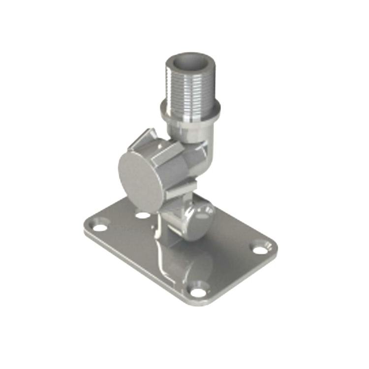 Collection of A silver metal mounting bracket with a threaded pipe connector and a round adjustment knob in a gallery layout