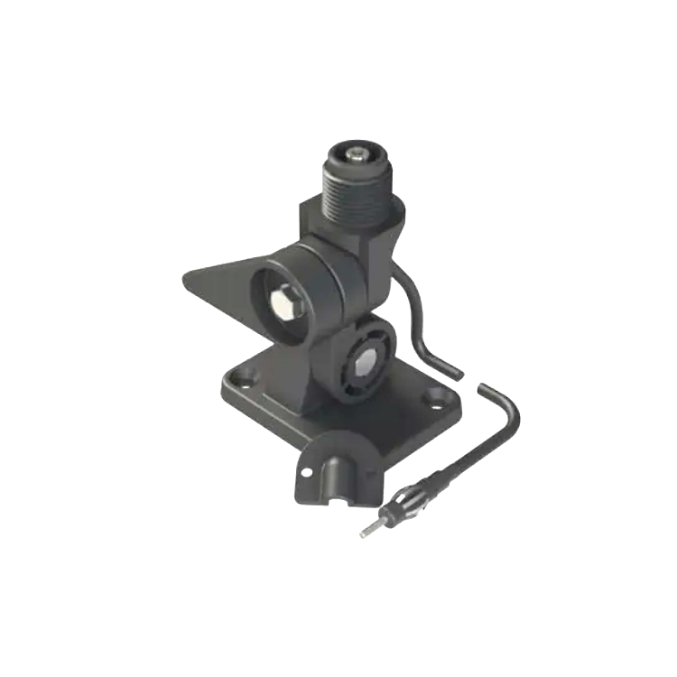 Collection of A black metal mounting bracket assembly with a threaded top post, two circular mounting rings in a gallery layout
