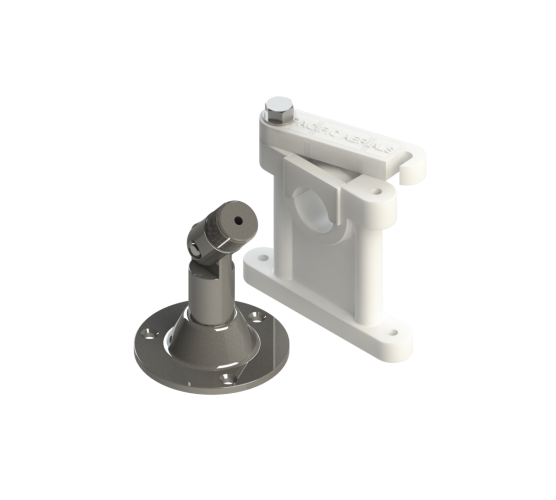 Collection of A 3D render of a marine electronic component, likely a marine VHF antenna mount or receiver, featuring a white plastic bracket in a gallery layout