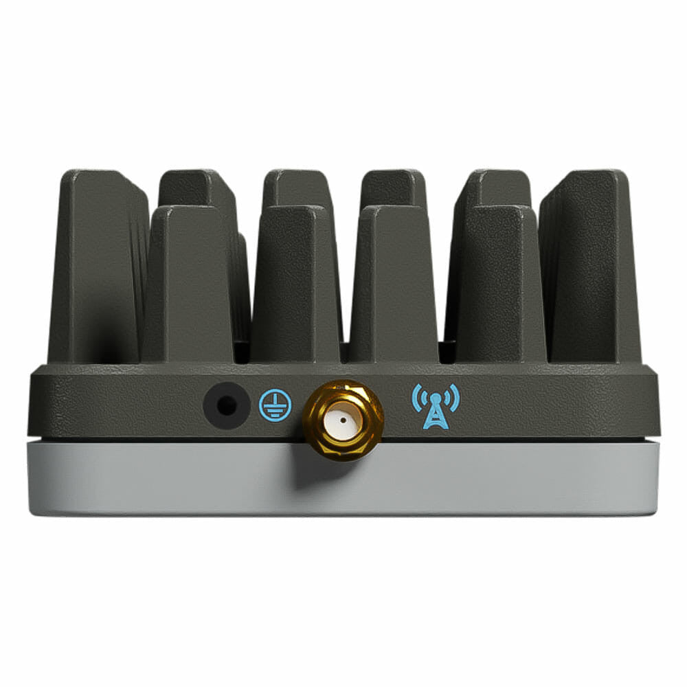 Collection of Nextivity Cel-Fi ROAM R41-VB repeater unit, end view showing power input, ground point and SMA antenna port in a gallery layout