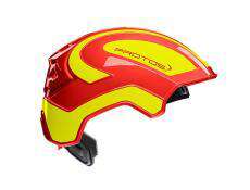 Collection of A red and yellow safety helmet with a black chin strap, shown from a side profile in a gallery layout