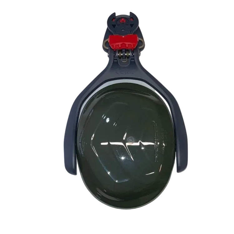 Collection of A dark green protective helmet with a navy blue strap and a red quick-release buckle in a gallery layout