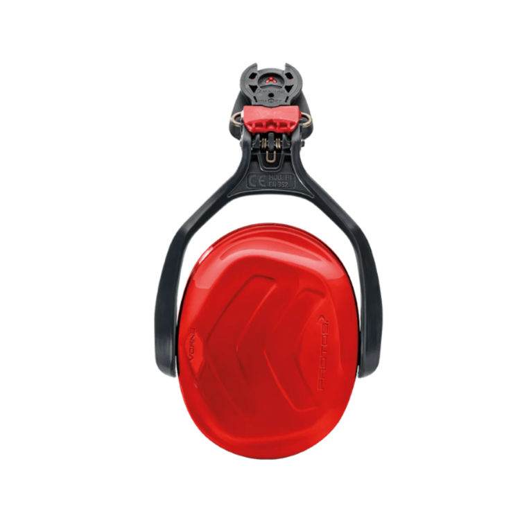 Collection of Red and black ear protection earmuffs shown from the front on a solid white background. in a gallery layout