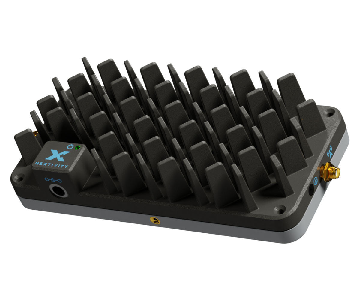 Collection of Nextivity Cel-Fi ROAM R41-VB repeater unit, angled front view showing heatsink fins and Nextivity branding in a gallery layout