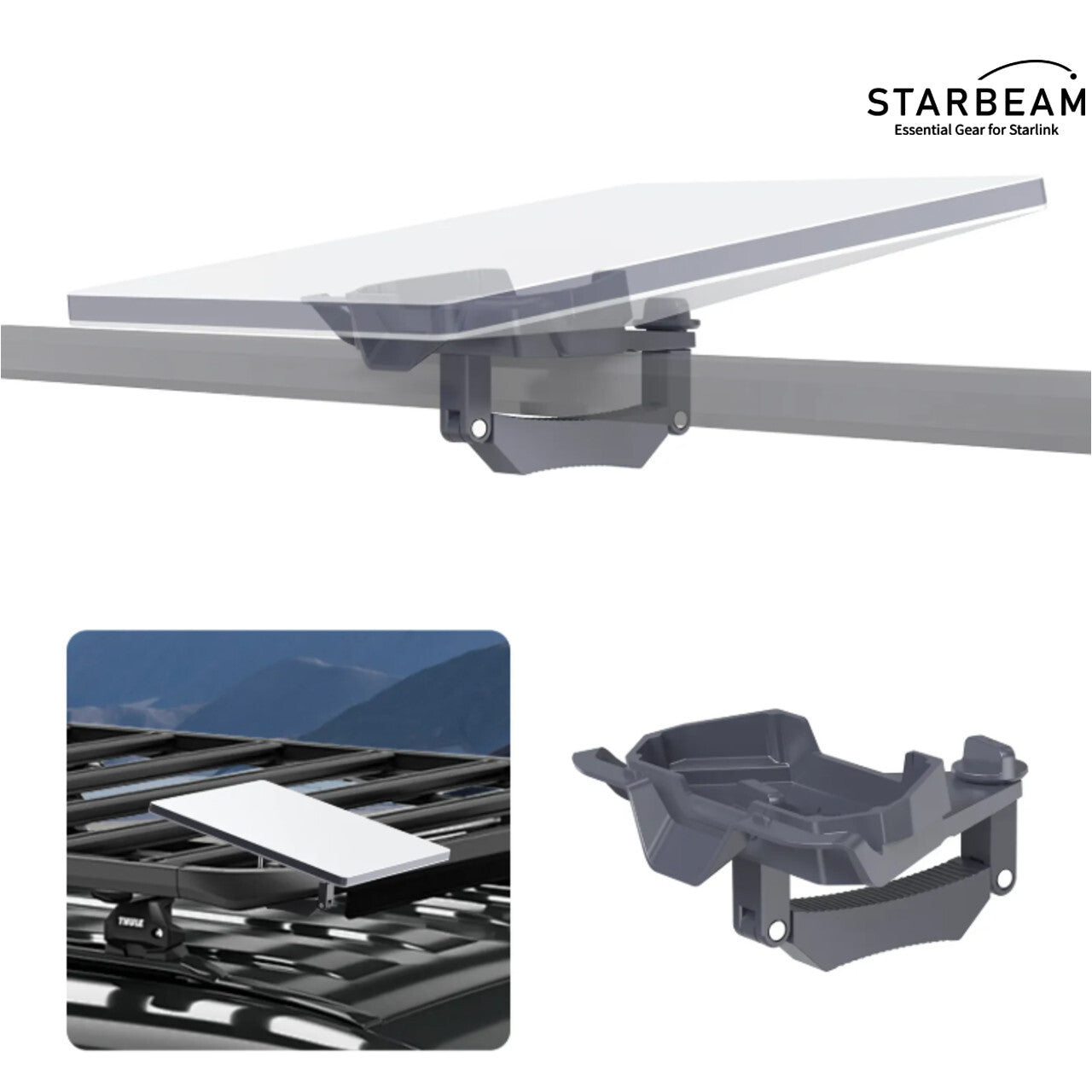 Collection of STARBEAM Starlink Mini Roof Rack Mount, aluminium alloy on vehicle crossbar in a gallery layout