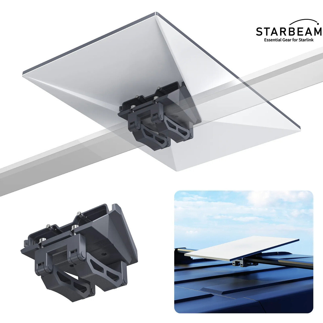 Collection of STARBEAM Starlink Gen3 Standard Roof Rack Mount, aluminium alloy, front view in a gallery layout