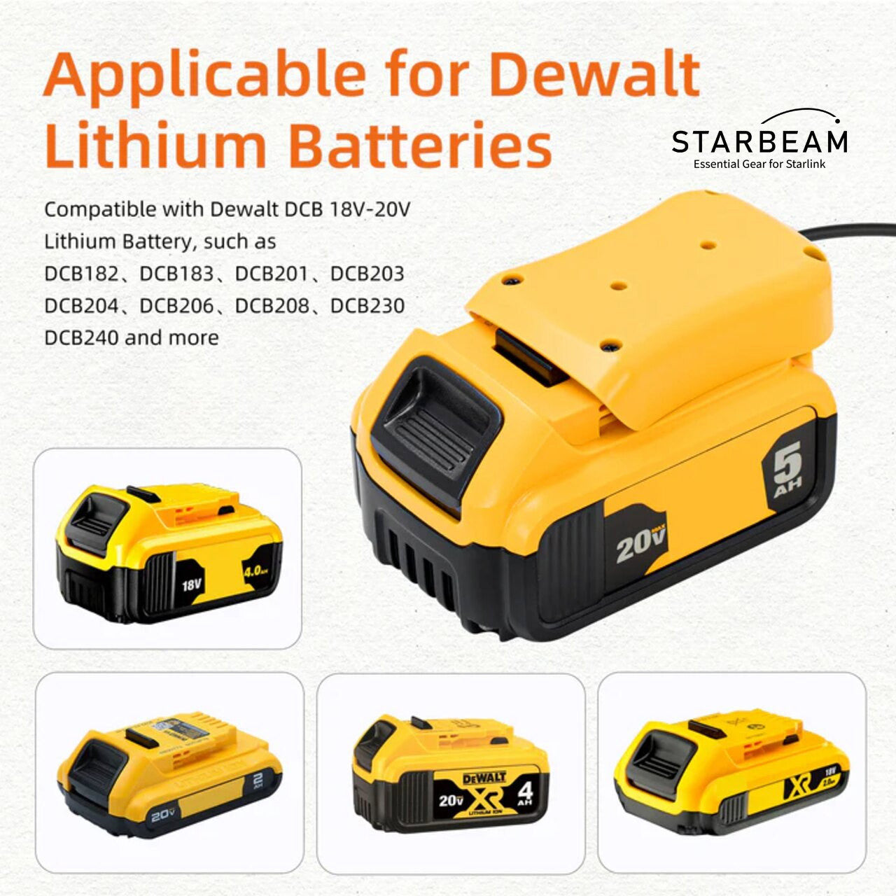 Collection of STARBEAM Starlink Mini Dewalt 18V Battery Adapter, mounted on Dewalt battery in a gallery layout