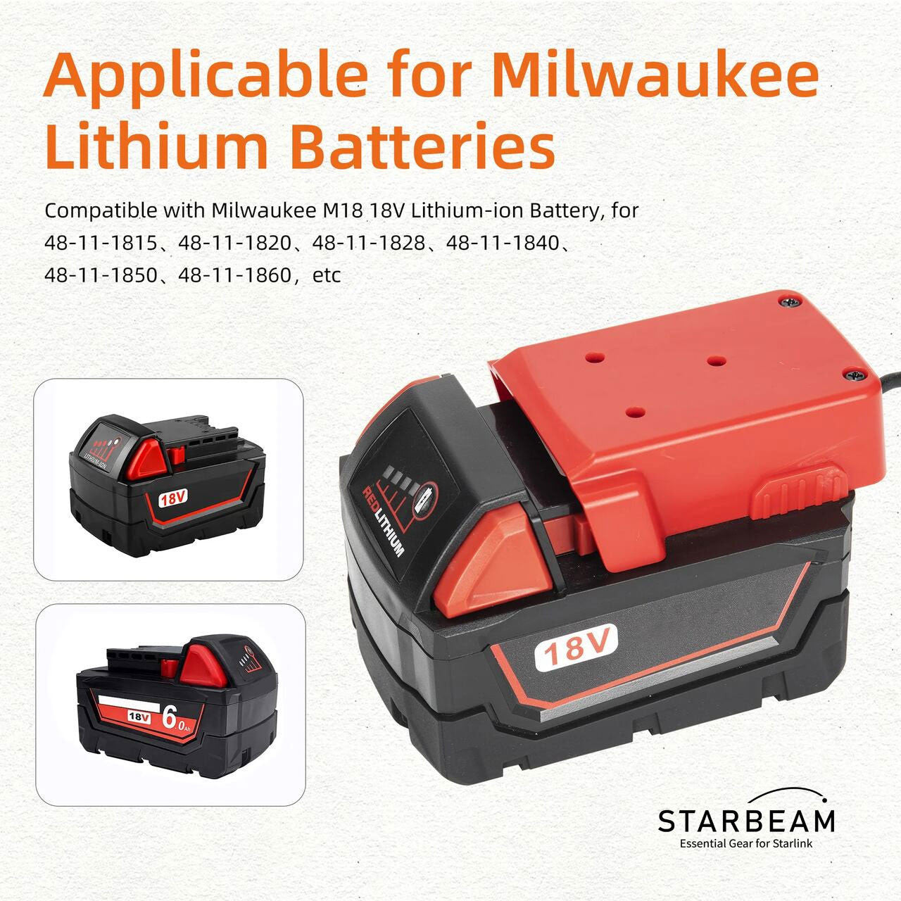 Collection of STARBEAM Starlink Mini Milwaukee 18V Battery Adapter, adapter close-up in a gallery layout