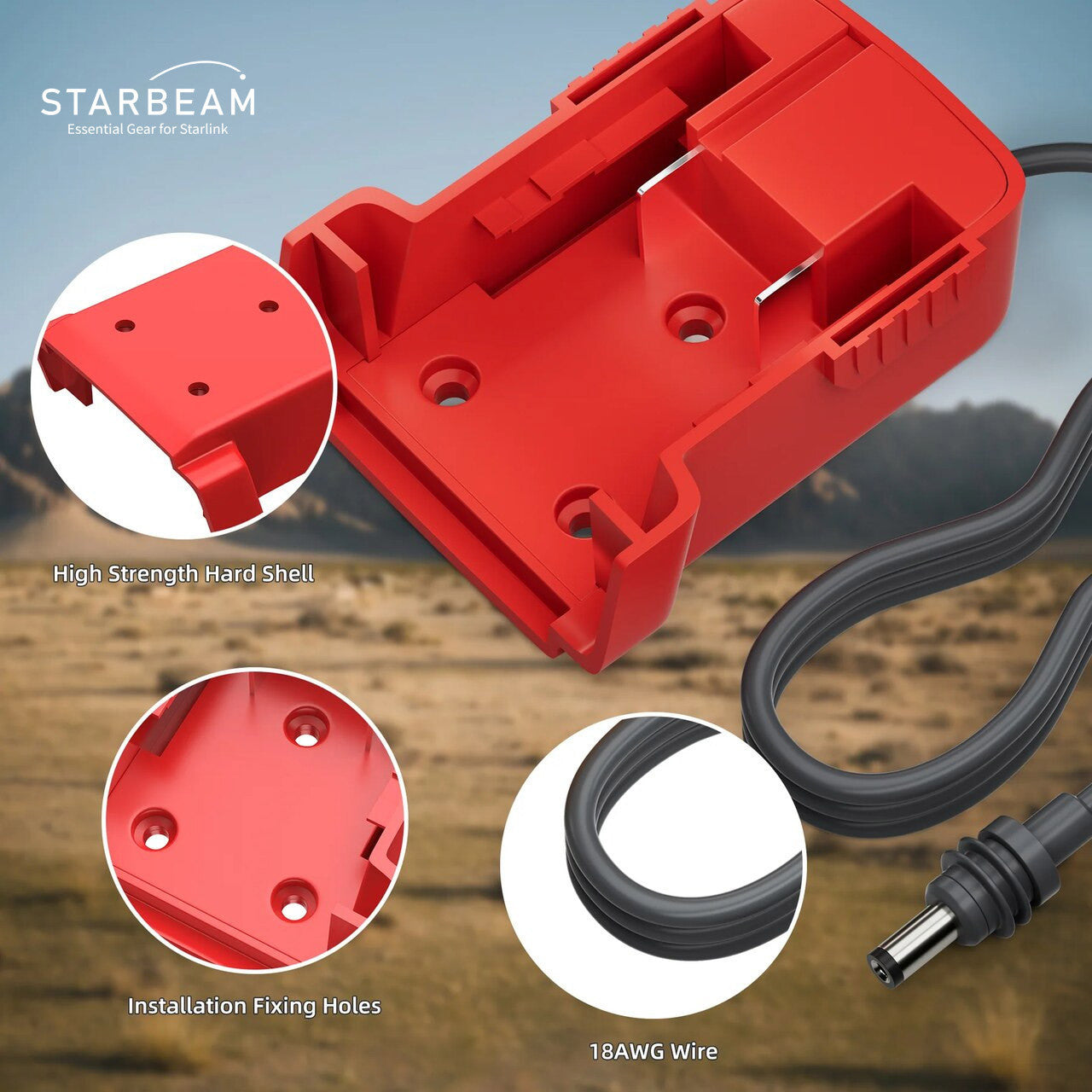 Collection of STARBEAM Starlink Mini Milwaukee 18V Battery Adapter, cable and connector detail in a gallery layout
