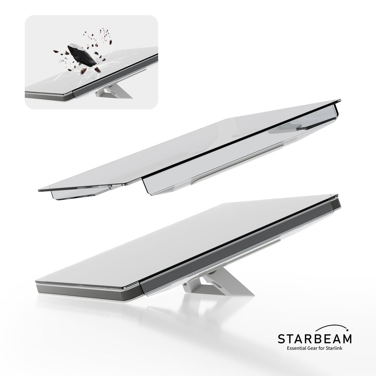 Collection of STARBEAM Starlink Mini Protective HDPE Hard Shell Cover, transparent, fitted over dish in a gallery layout