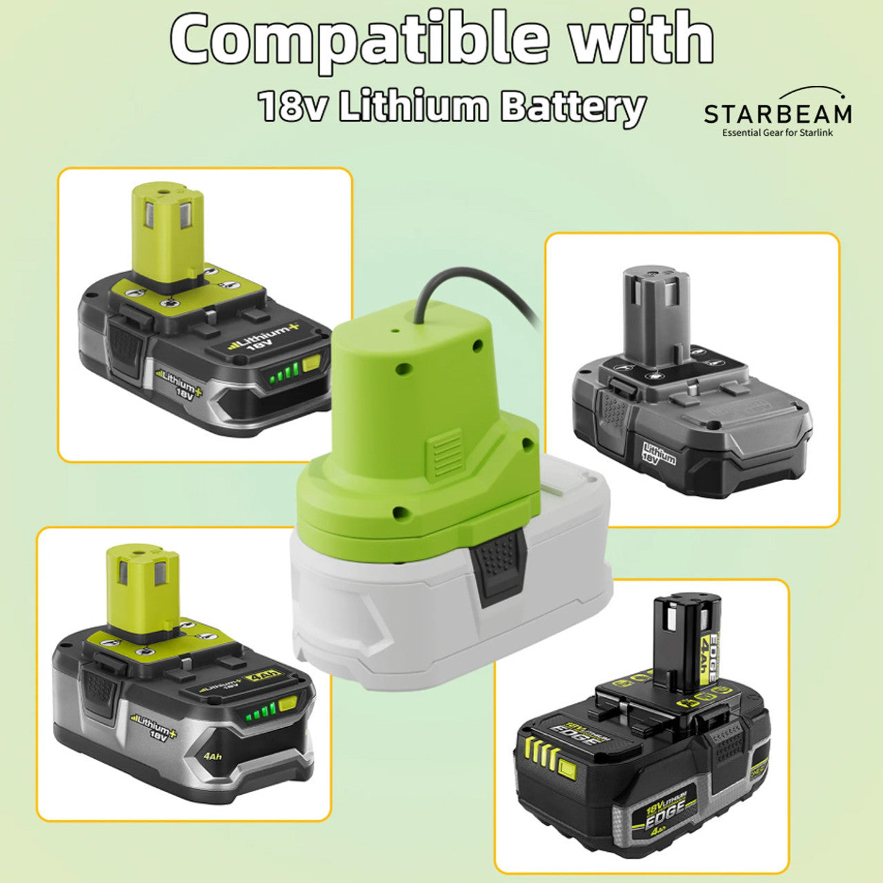 Collection of STARBEAM Starlink Mini Ryobi 18V Battery Adapter, angled view in a gallery layout
