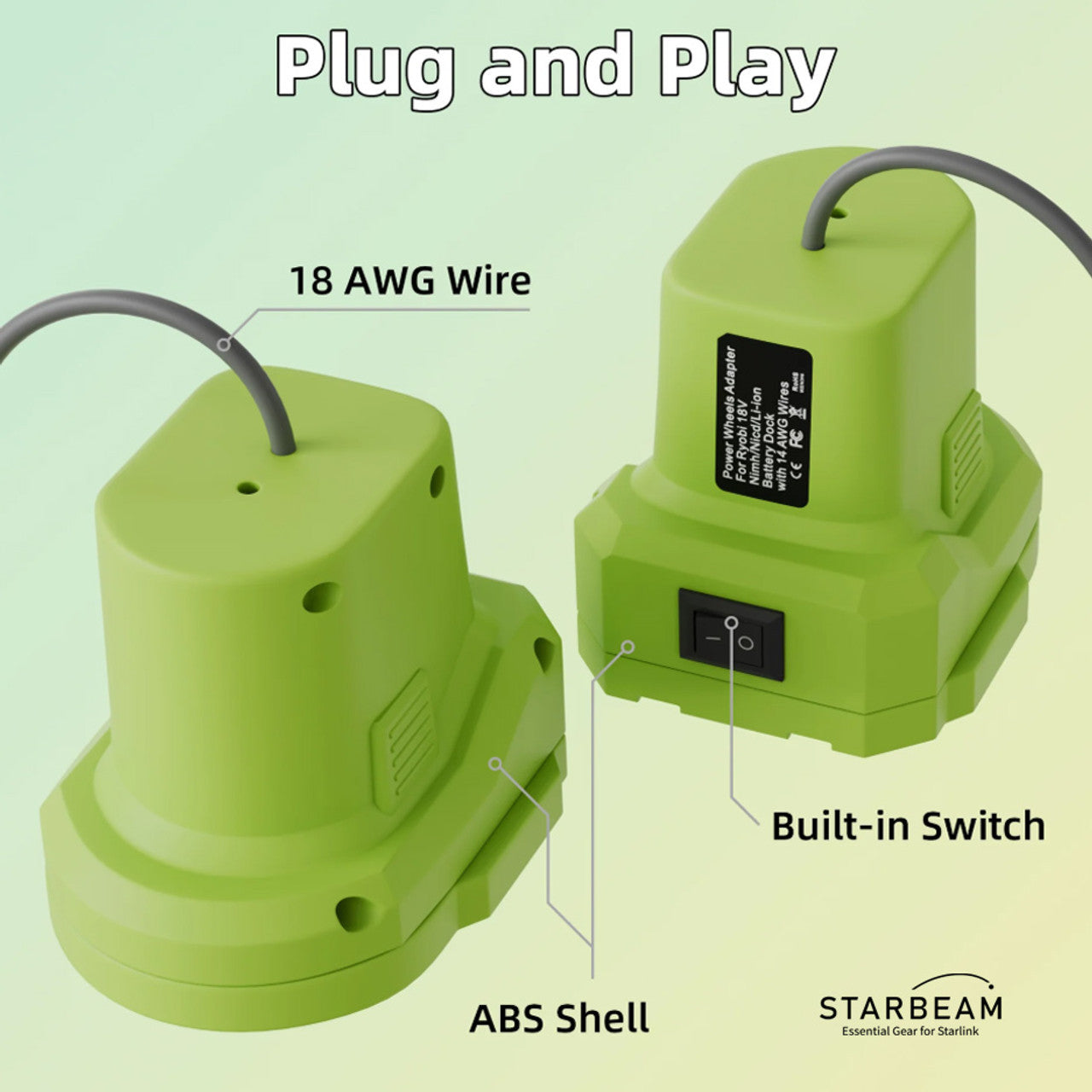Collection of STARBEAM Starlink Mini Ryobi 18V Battery Adapter, mounted on Ryobi ONE+ battery in a gallery layout