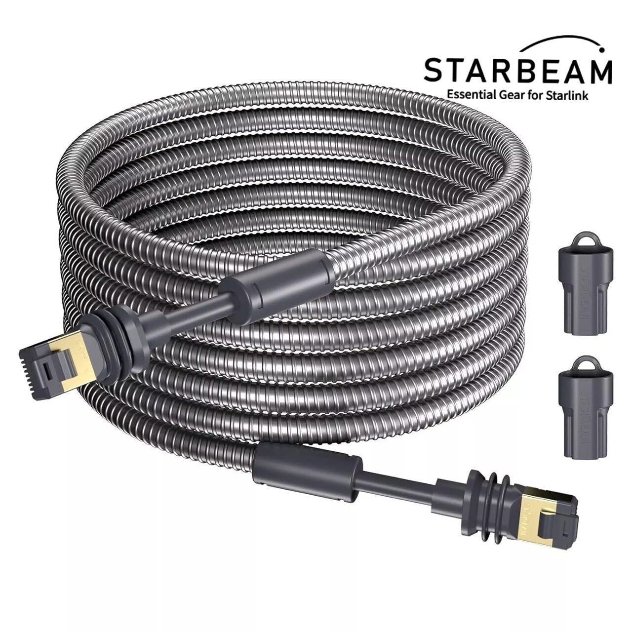 Collection of STARBEAM Starlink Gen3 Outdoor Armoured Ethernet Cable 10m, stainless steel sleeved cable in a gallery layout