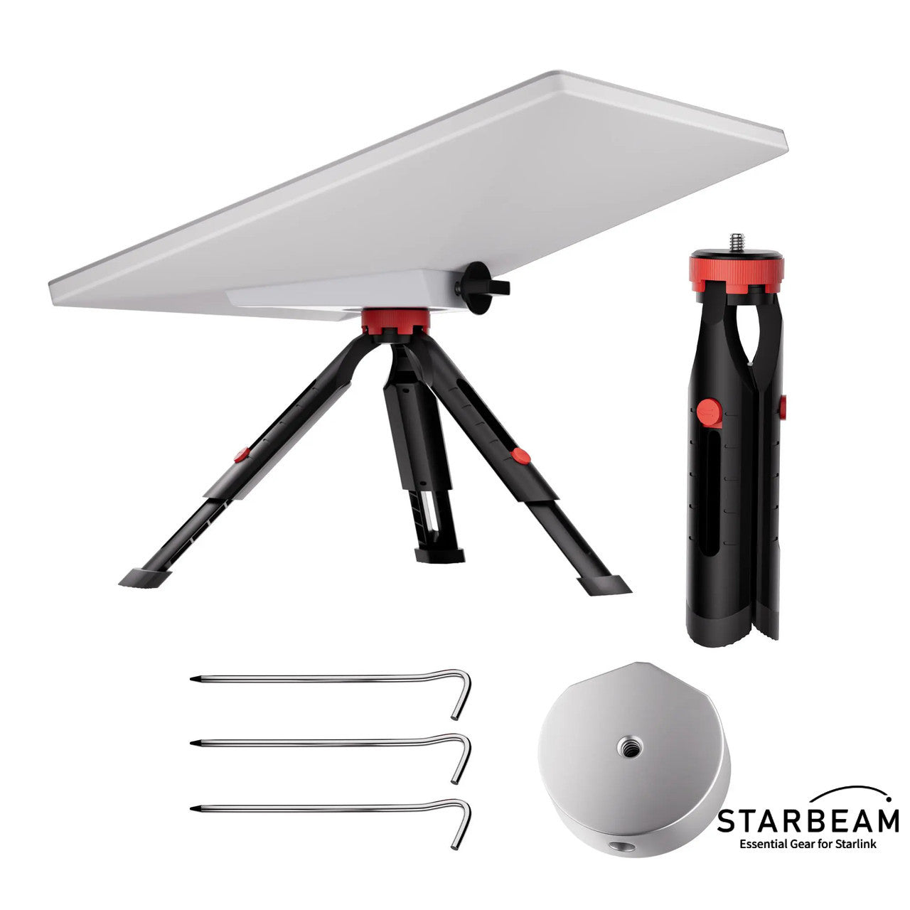 Collection of STARBEAM Starlink Mini 18cm Extendable Tripod with adapter and pegs in a gallery layout