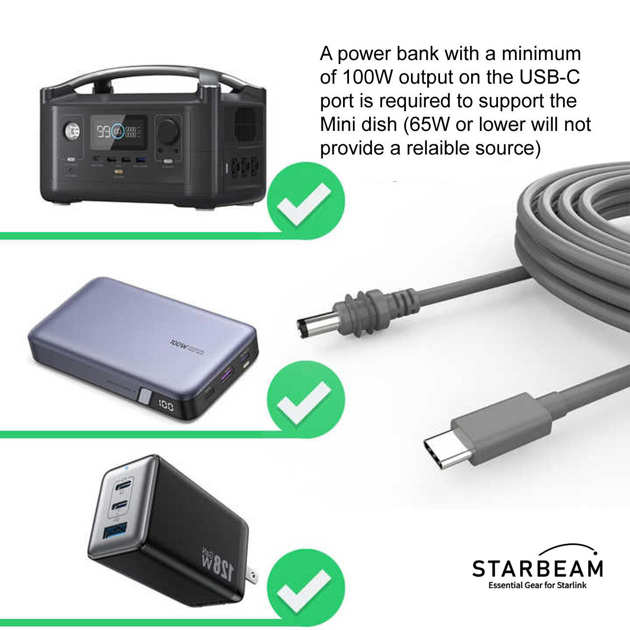 Collection of STARBEAM Starlink Mini 20V DC 5m USB-C Power Cable, DC connector close-up in a gallery layout