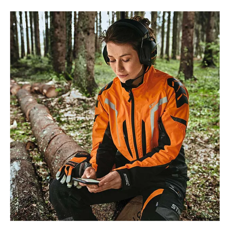 Collection of STIHL ADVANCE ProCOM earmuffs in use on a forestry worksite in a gallery layout