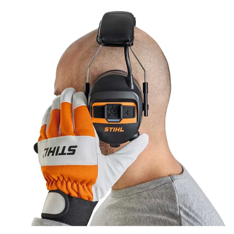 Collection of STIHL ADVANCE ProCOM earmuffs worn on head, headband version in a gallery layout