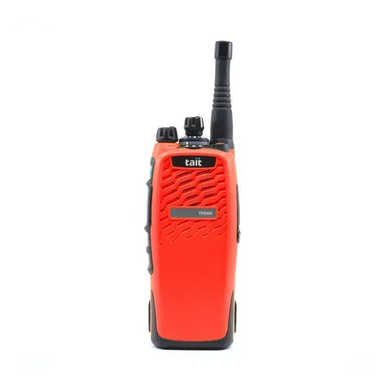 Collection of Tait TP9310 VHF two-way radio in Red with helical antenna, front view in a gallery layout