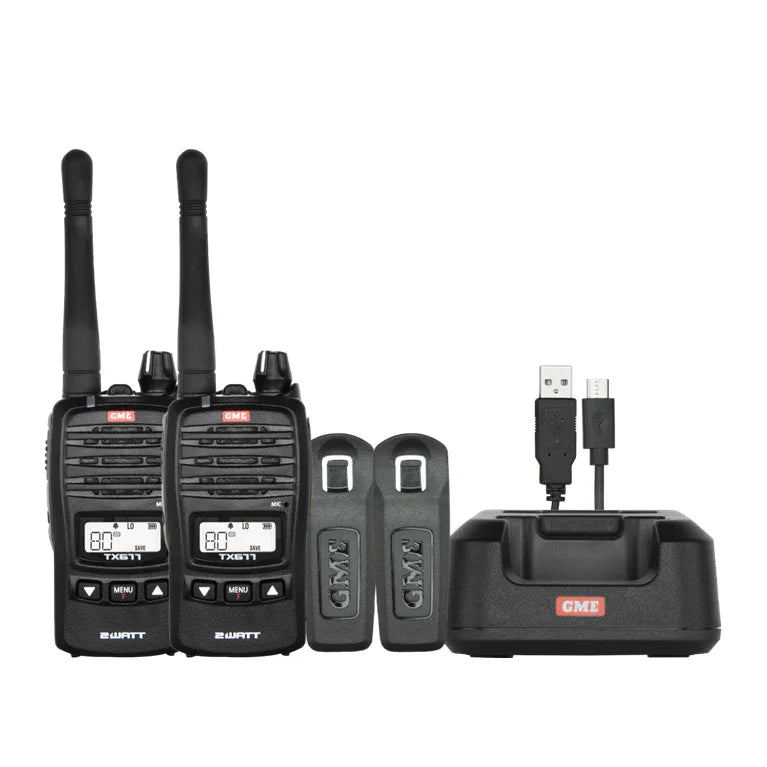 Collection of GME TX677 Twin Pack Black Radio front view with accessories NZ in a gallery layout