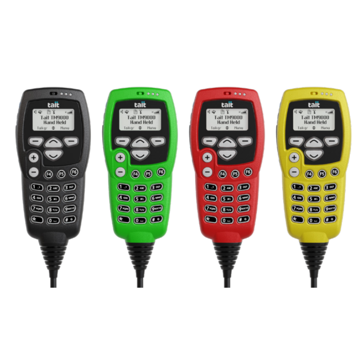 Collection of Four Tait T911 emergency call initiators in black, green, red, and yellow, arranged in a row against a white background. in a gallery layout
