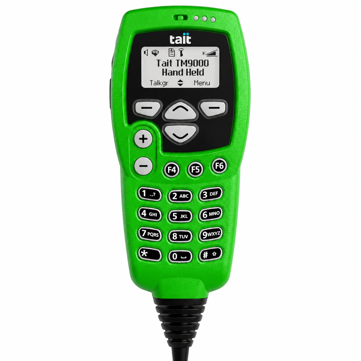 Collection of A bright green Tait handheld radio controller with a black screen and black buttons, shown against a plain white background. in a gallery layout