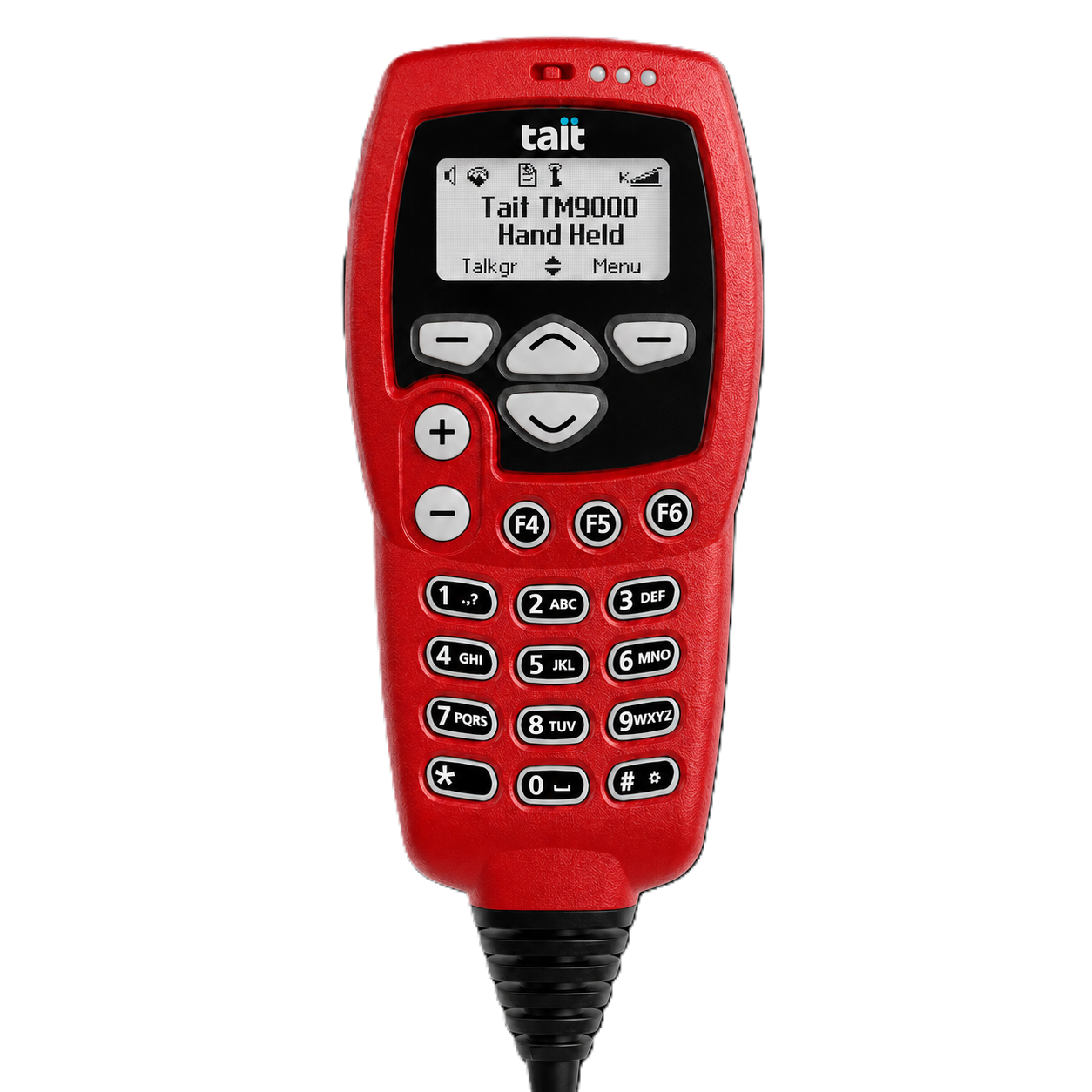 Collection of A red Tait handheld electronic device with a black faceplate, white display screen, and black keypad buttons, shown against a plain white background. in a gallery layout