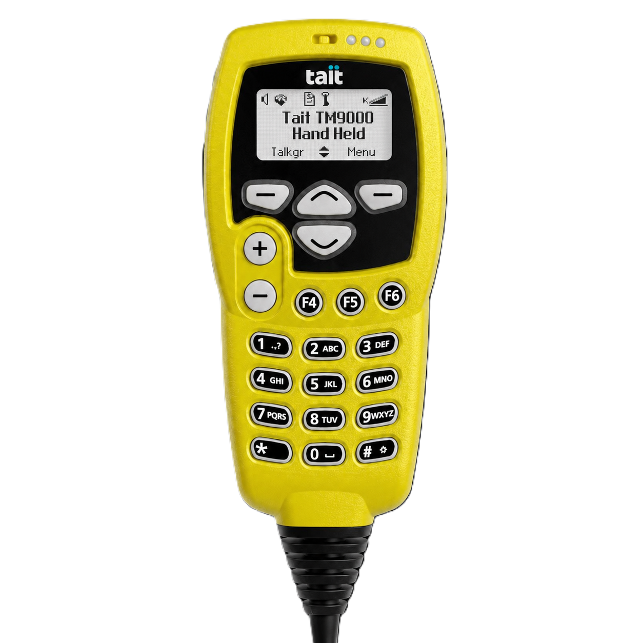 Collection of A yellow Tait handheld paging device with a black faceplate, white display screen, and black keypad buttons, shown against a plain white background. in a gallery layout