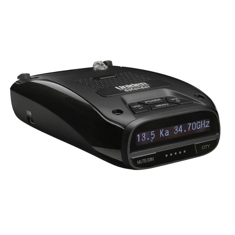 Collection of A black radar detector with a glossy finish, featuring a digital display screen in a gallery layout