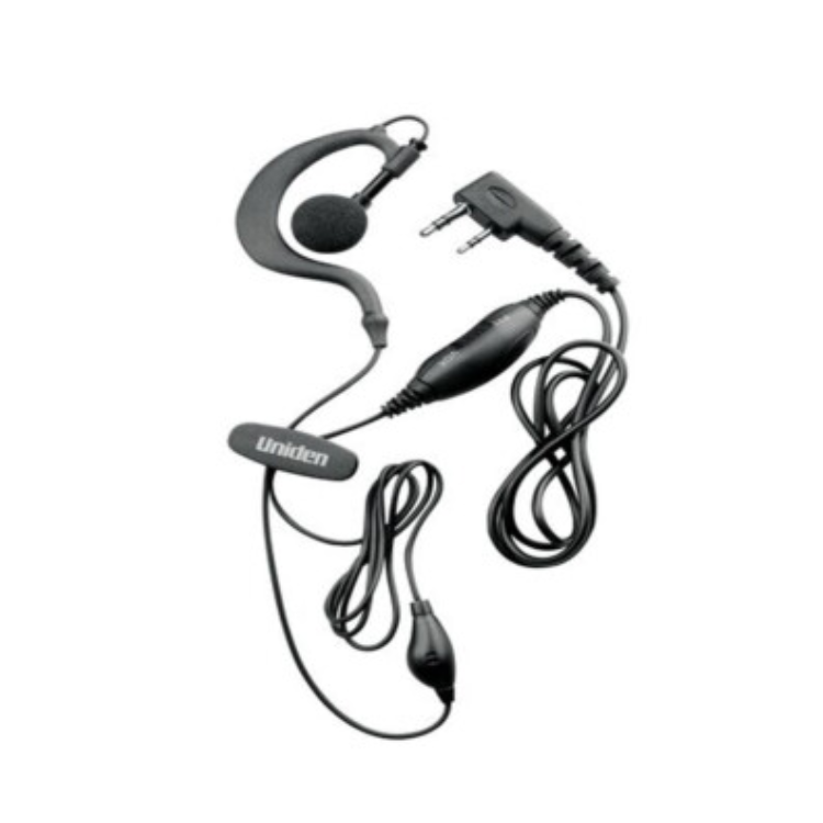 Collection of A black Uniden walkie-talkie headset with an earpiece, microphone, coiled cable, inline volume control in a gallery layout