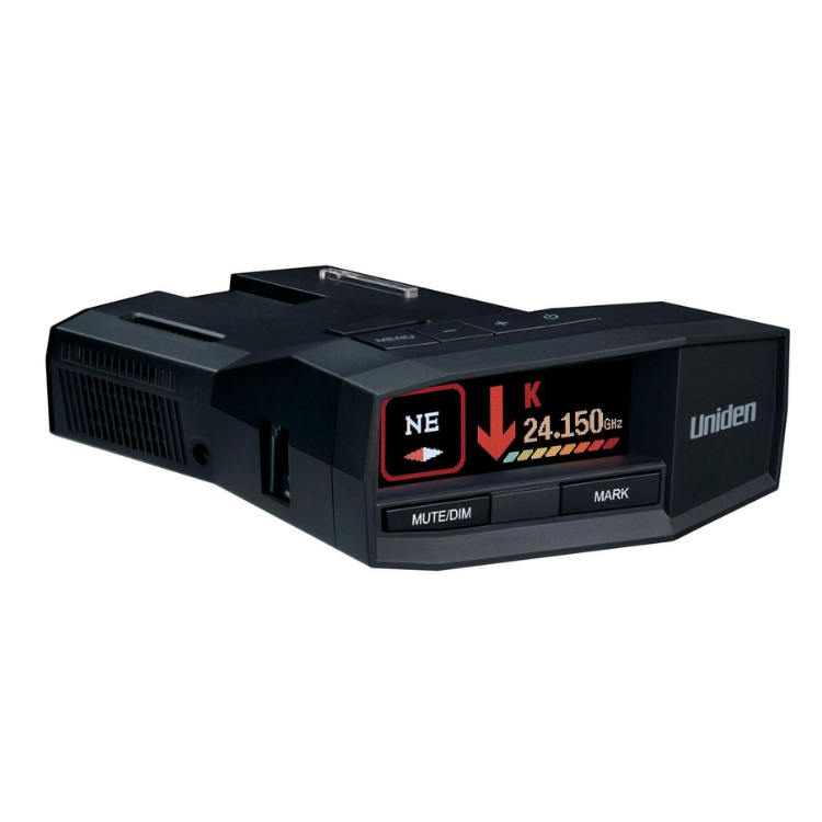 Collection of A black Uniden radar detector with a digital display screen showing navigation and signal details in a gallery layout