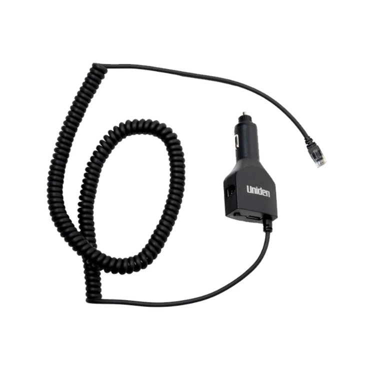 Collection of A black coiled cable adapter with a car cigarette lighter plug and USB-C output, branded 'Uniden' in a gallery layout