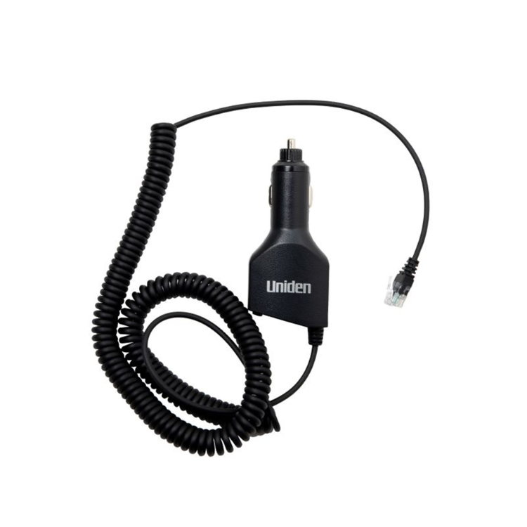 Collection of A black coiled cable adapter with a Uniden car cigarette lighter plug and RJ45 connecto in a gallery layout