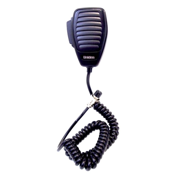 Collection of A black UH7700 Uniden handheld microphone with a coiled cord, isolated on a white background. in a gallery layout