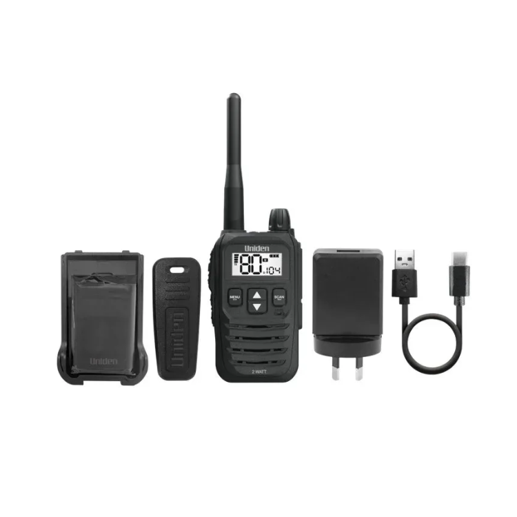 Collection of uniden uh825 single handheld radio complete set in a gallery layout