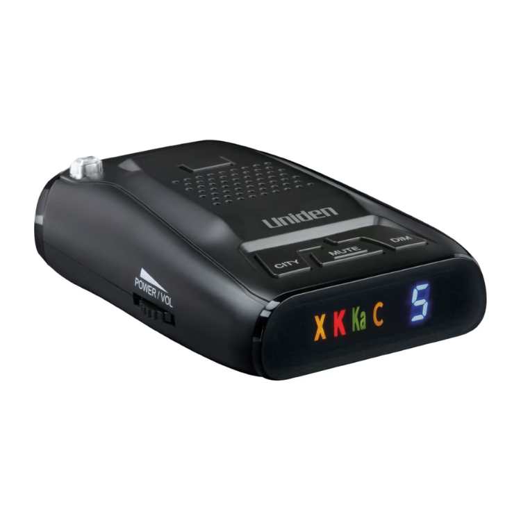 Collection of A black Uniden radar detector with a digital LED display showing 'X K Ka C 5' in a gallery layout