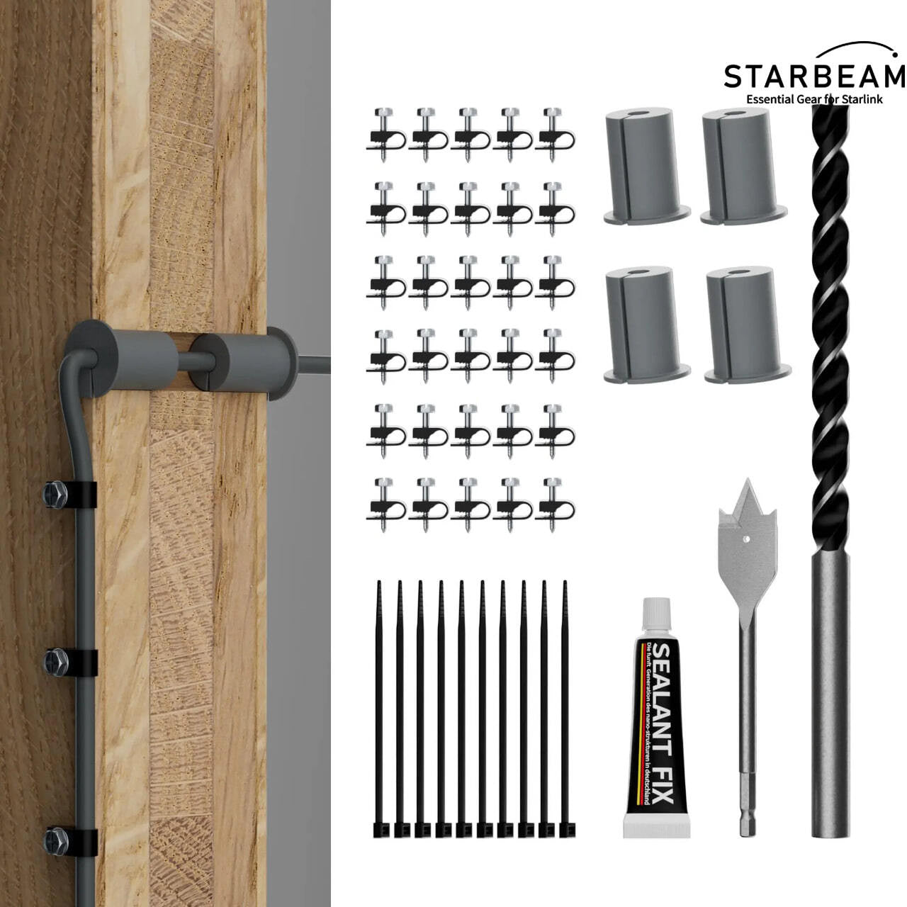 Collection of STARBEAM Starlink Dish Cable Routing and Installation Kit with grommets and hole saw in a gallery layout