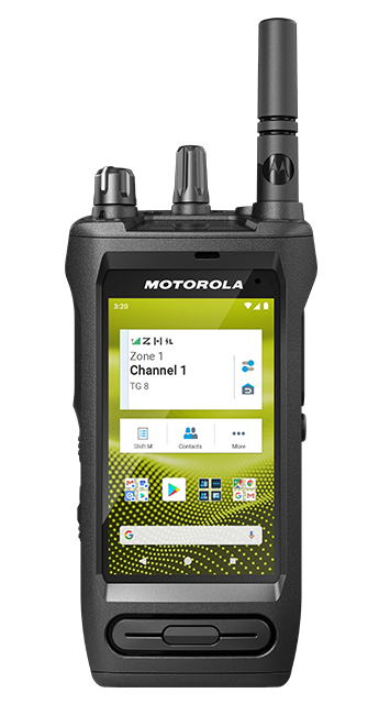 Collection of A black Motorola handheld walkie-talkie with an attached antenna, shown from the front on a plain white background. The screen is on and displays a mobile app interface. in a gallery layout