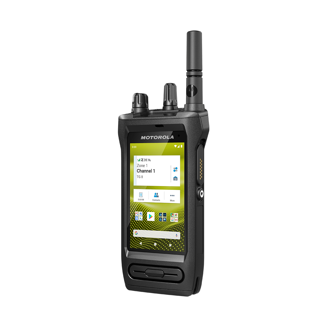 Collection of A black Motorola handheld walkie-talkie with an antenna, shown from a three-quarters angle on a solid white background. in a gallery layout
